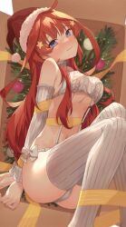 Rule 34 | 1girl, absurdres, ahoge, arms behind back, bare shoulders, blue eyes, blush, bound, bound wrists, bow, box, breasts, cardboard box, christmas, cleavage, closed mouth, commentary, curvy, detached sleeves, embarrassed, eyebrows hidden by hair, eyelashes, feet out of frame, go-toubun no hanayome, hair between eyes, hair ornament, hair over shoulder, hat, head tilt, highres, in box, in container, indoors, knees together feet apart, large breasts, long hair, long sleeves, looking at viewer, lying, meme attire, nakano itsuki, navel, nose blush, on side, profnote, red hair, ribbon, santa hat, sidelocks, solo, star (symbol), star hair ornament, thighs, tsurime, underboob, very long hair, virgin destroyer sweater, white bow, yellow ribbon