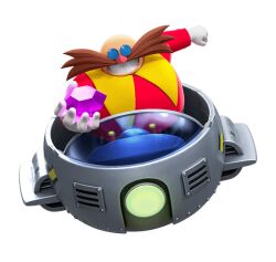 Rule 34 | 1boy, aircraft, bald, black pants, brown hair, chaos emerald, dr. eggman, egg mobile, facial hair, facing viewer, fat, fat man, glasses, gloves, holding, male focus, mustache, obese, official art, on vehicle, pants, red nose, red shirt, shirt, simple background, solo, sonic (series), teeth, transparent background, white gloves