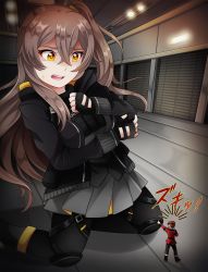 Rule 34 | 1boy, 1girl, absurdres, alternate breast size, black jacket, breasts, commander (girls&#039; frontline), commentary request, commission, giant, giantess, girls&#039; frontline, gloves, grey hair, grey skirt, griffin &amp; kryuger military uniform, hair between eyes, hat, highres, indoors, jacket, knee pads, long hair, medium breasts, military, military hat, military uniform, mini person, miniboy, one side up, pantyhose, peaked cap, pointing, scar, scar across eye, scar on face, sho-tan, size difference, skirt, tears, ump45 (girls&#039; frontline), uniform, white gloves, yellow eyes