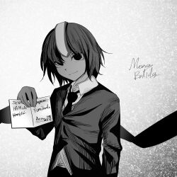 Rule 34 | 1other, androgynous, closed mouth, collared shirt, commentary request, ganadara ddo, greyscale, highres, holding, jacket, kokutenshi hibaru, korean commentary, len&#039;en, looking at viewer, monochrome, necktie, shirt, short hair, signature, solo, upper body, wings