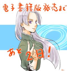 Rule 34 | 1girl, breasts, chris lightfellow, closed mouth, earrings, gensou suikoden, gensou suikoden iii, grey hair, highres, jewelry, long hair, looking at viewer, purple eyes, smile, solo, v