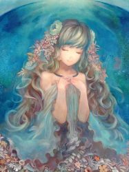 Rule 34 | 1girl, bare shoulders, dress, closed eyes, flower, frills, hair flower, hair ornament, hands on own chest, highres, jewelry, long hair, matumasima, multicolored hair, necklace, original, smile, solo, traditional media, wide sleeves