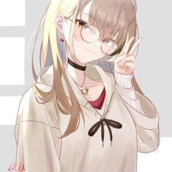 Rule 34 | 1girl, ahoge, berry, black choker, brown eyes, brown hair, brown hoodie, choker, crossed bangs, earrings, fingernails, food-themed earrings, glasses, highres, hololive, hololive english, hood, hoodie, jewelry, long hair, looking at viewer, multicolored hair, nail polish, nanashi mumei, nanashi mumei (casual), necklace, official alternate costume, oversized clothes, red shirt, round eyewear, runes, shirt, simple background, sleeves past wrists, smile, solo, streaked hair, sweater, virtual youtuber, white sweater, xsilentred