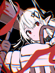 Rule 34 | 1girl, ambiguous red liquid, arknights, black background, black gloves, chromatic aberration, ear piercing, eyebrows hidden by hair, gloves, hair between eyes, hammer, highres, holding, holding hammer, horns, jacket, long hair, long sleeves, mudrock (arknights), piercing, pointy ears, puffy long sleeves, puffy sleeves, red eyes, simple background, solo, tetuw, two-handed, upper body, white hair, white jacket