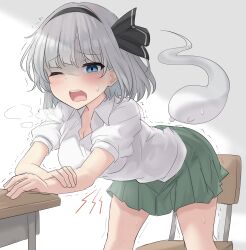 Rule 34 | 1girl, bent over, black bow, black hairband, black ribbon, blue eyes, blush, bob cut, bow, breasts, breath, chair, cleavage, collared shirt, commentary, cowboy shot, desk, dress shirt, gloom (expression), green skirt, grey hair, hair bow, hair ribbon, hairband, hand on own arm, hand on table, highres, konpaku youmu, konpaku youmu (ghost), leaning forward, medium breasts, notice lines, one eye closed, open mouth, pain, pleated skirt, raised eyebrows, ribbon, school chair, school desk, shaded face, shirt, short hair, skirt, solo, stomach ache, sweatdrop, teeth, touhou, trembling, upper teeth only, white background, white shirt, youmu-kun