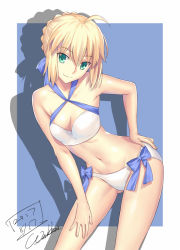 Rule 34 | 1girl, ahoge, artist name, artoria pendragon (all), artoria pendragon (fate), artoria pendragon (swimsuit archer) (first ascension) (fate), blonde hair, blue bow, blush, bow, breasts, cleavage, closed mouth, collarbone, dated, fate/grand order, fate (series), green eyes, hair bow, looking at viewer, medium breasts, navel, saber (fate), short hair, signature, smile, solo, werkbau