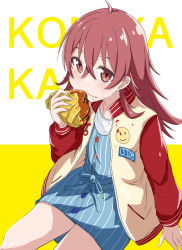 Rule 34 | 1girl, burger, dress, eating, feet out of frame, food, hair between eyes, highres, holding, holding food, jacket, medium hair, original, red eyes, red hair, sitting, solo, striped clothes, striped dress, takebayashi, thighs