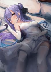 Rule 34 | 1girl, ahoge, azur lane, bare shoulders, bed, blush, breasts, commentary, dress, elbow gloves, gloves, hair bun, hair ribbon, highres, holding, holding stuffed toy, inushida (dogsheepsheep), long hair, looking at viewer, lying, on back, pillow, purple eyes, purple hair, ribbon, side bun, single hair bun, single side bun, sleeveless, sleeveless dress, small breasts, solo, stuffed animal, stuffed toy, thighhighs, unicorn (azur lane), white dress, white thighhighs