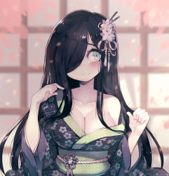 Rule 34 | 1girl, absurdres, alternate costume, aria wintermint, black hair, blush, breasts, cherry blossoms, cleavage, flower, grey eyes, hair flower, hair ornament, hair over one eye, highres, japanese clothes, kimono, kimono pull, long hair, obi, off shoulder, parororo, plaid, revision, sash, smile, solo, the crawling city, wide sleeves