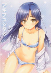 Rule 34 | 1girl, absurdres, blue bra, blue hair, blue panties, blush, bow, bra, brown eyes, courreges ace, dress shirt, flat chest, highres, idolmaster, idolmaster (classic), kisaragi chihaya, long hair, navel, open clothes, open shirt, panties, scan, shirt, solo, unbuttoned, underwear, underwear only, undressing