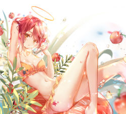 Rule 34 | 1girl, apple, arknights, ass, bare arms, bare legs, bare shoulders, barefoot, bikini, blurry, blurry background, blush, breasts, brown bikini, brown eyes, cleavage, closed mouth, clouble, commentary request, depth of field, exusiai (arknights), eyes visible through hair, feet out of frame, food, fruit, hair over one eye, halo, hand up, highres, holding, knees up, looking at viewer, medium breasts, navel, red apple, red hair, solo, star (symbol), swimsuit, water drop, white background