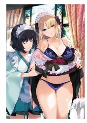 Rule 34 | 2girls, absurdres, apron, bare shoulders, black hair, blonde hair, blue eyes, bra, breasts, cleavage, closed mouth, cloud, cloudy sky, curtains, day, fingernails, frills, gluteal fold, highres, iizuki tasuku, indoors, japanese clothes, kimono, large breasts, lifted by self, lips, long hair, maid, maid headdress, multiple girls, navel, off shoulder, open mouth, original, panties, shiny skin, short hair, simple background, skirt, skirt hold, sky, stomach, thighs, underwear, waist apron, wide sleeves, window