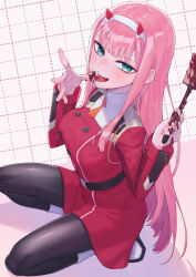Rule 34 | 1girl, absurdres, belt, black belt, black pantyhose, breasts, chocolate syrup, darling in the franxx, dress, eyeliner, fangs, hairband, hands up, highres, holding, holding spoon, horns, kazakamiokenai, licking, licking finger, long hair, long sleeves, looking at viewer, makeup, medium breasts, military uniform, necktie, open mouth, pantyhose, pink hair, red dress, red eyeliner, red horns, short necktie, solo, spoon, squatting, straight hair, teeth, tongue, tongue out, uniform, upper teeth only, very long hair, white hairband, zero two (darling in the franxx)