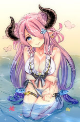 Rule 34 | 10s, 1girl, alternate costume, bare arms, bare legs, bare shoulders, barefoot, beach, bikini, bikini pull, blue eyes, braid, breast hold, breasts, clothes pull, demon horns, double bun, draph, granblue fantasy, groin, hair ornament, hair over one eye, highres, horns, large breasts, light purple hair, long hair, looking at viewer, low twintails, narmaya (granblue fantasy), narmaya (summer) (granblue fantasy), navel, no pussy, outdoors, partially submerged, pointy ears, seiza, sitting, smile, solo, swimsuit, thigh strap, twin braids, twintails, water, wet, wet clothes, white bikini, yikoyi