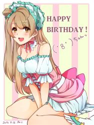 Rule 34 | 10s, 1girl, 2014, :d, akit (15jamjam), artist name, bad id, bad pixiv id, blush, bonnet, breasts, brown hair, dancing stars on me!, dated, detached collar, detached sleeves, dress, frills, happy birthday, highres, long hair, love live!, love live! school idol project, minami kotori, neck ribbon, open mouth, puffy detached sleeves, puffy sleeves, ribbon, sitting, smile, solo, striped, striped background, v arms, vertical stripes, wariza, yellow eyes