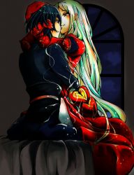 Rule 34 | 1boy, 1girl, absurdres, bed, blush, byleth (fire emblem), byleth (male) (fire emblem), cape, couple, edelgard von hresvelg, fire emblem, fire emblem: three houses, gloves, green eyes, green hair, hand on another&#039;s head, heart, hetero, highres, hug, indoors, long hair, long sleeves, night, nintendo, on bed, purple eyes, shiratsu (white-seaside), short hair, sitting, sitting on lap, sitting on person, smile, white background, white hair, window