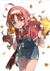 Rule 34 | 1girl, ahoge, alternate costume, apple, arknights, bag, bare legs, blue overalls, blush, bracelet, collared shirt, commentary, confetti, cowboy shot, flag, food, fruit, gloves, golden apple, green eyes, hands up, headband, highres, holding, holding flag, holding food, holding fruit, jewelry, leaning forward, long hair, looking at viewer, miebao, myrtle (arknights), open mouth, overalls, pointy ears, polka dot headband, red hair, red shirt, shirt, short sleeves, simple background, single glove, skirt, smile, solo, symbol-only commentary, white background, white gloves, white headband, white skirt