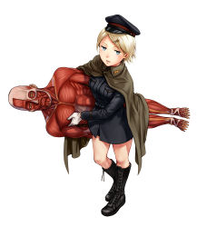 Rule 34 | 1girl, anatomical model, anbe yoshirou, blonde hair, blue eyes, boots, from above, full body, gloves, hat, highres, maurice merleau-ponty, parted lips, short hair, simple background, solo, source request, tetsugaku girls, white background, white gloves