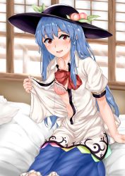 Rule 34 | 1girl, bed, blue hair, blush, bow, bowtie, bra, breasts, food, fruit, hat, highres, hinanawi tenshi, long hair, looking at viewer, momo retasu, on bed, open clothes, open mouth, open shirt, peach, pink bra, puffy sleeves, red eyes, revision, shirt, sitting, skirt, small breasts, smile, solo, touhou, underwear, very long hair