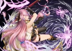 Rule 34 | 1girl, asymmetrical gloves, bare shoulders, black gloves, black thighhighs, blush, braid, breasts, bug, butterfly, draph, elbow gloves, closed eyes, from above, full body, gloves, granblue fantasy, hair ornament, hair over one eye, high heels, holding, holding sword, holding weapon, horns, insect, iroia, katana, large breasts, light purple hair, long hair, low tied hair, narmaya (granblue fantasy), parted lips, pointy ears, sideboob, single braid, single thighhigh, sleeveless, solo, sword, thigh strap, thighhighs, uneven gloves, very long hair, water, weapon