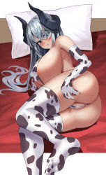 Rule 34 | 1girl, absurdres, animal print, anus, ass, bed sheet, blue eyes, breasts, cow print, elbow gloves, gloves, grey hair, grey rose, highres, horns, large breasts, long hair, looking at viewer, lying, on bed, on side, one eye covered, onedoo, original, partially visible vulva, pillow, print gloves, print thighhighs, solo, swimsuit, thighhighs