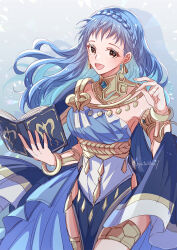 Rule 34 | 1girl, :d, armlet, bare shoulders, blue dress, blue hair, book, bracelet, braid, breasts, brown eyes, commentary request, cowboy shot, crests (fire emblem), crown braid, dancer (fire emblem: three houses), dress, earrings, fire emblem, fire emblem: three houses, fire emblem heroes, hand up, highres, holding, holding book, jewelry, long hair, looking at viewer, marianne von edmund, medium breasts, neck ring, nintendo, official alternate costume, official alternate hairstyle, open mouth, single-shoulder dress, smile, solo, standing, thighlet, thighs, very long hair, yutohiroya