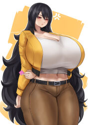 Rule 34 | 1girl, belt, black hair, blush, breasts, brown pants, cleavage, condom, cowboy shot, curly hair, expressionless, female focus, head tilt, highres, holding, holding condom, huge breasts, jacket, long hair, midriff, nastart, navel, pants, red eyes, shirt, solo, thick thighs, thighs, white shirt, wide hips, yellow background, yellow jacket