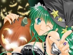 Rule 34 | 1girl, bare shoulders, breasts, detached sleeves, green eyes, green hair, halloween, hat, jewelry, jpeg artifacts, lantern, large breasts, matching hair/eyes, pumpkin, ring, solo, star (symbol), strap, wink, witch, witch hat