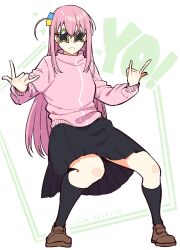 Rule 34 | 1girl, \m/, black skirt, black socks, bocchi the rock!, brown footwear, closed mouth, cube hair ornament, dated, facing viewer, full body, gotoh hitori, hair ornament, highres, jacket, kneehighs, loafers, long hair, long sleeves, one side up, pink hair, pink jacket, pleated skirt, shoes, skirt, socks, solo, sparkle, standing, star-shaped eyewear, star (symbol), tanaka io (craftstudio), track jacket, very long hair