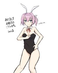 Rule 34 | 1girl, 2023, akeome, animal ears, bare legs, black leotard, blue eyes, detached collar, feet out of frame, happy new year, highres, kantai collection, leotard, looking at viewer, minoa 11touhei, neck ribbon, new year, pink hair, playboy bunny, ponytail, rabbit ears, rabbit tail, red ribbon, ribbon, shiranui (kancolle), short hair, simple background, smile, solo, standing, strapless, strapless leotard, tail, white background