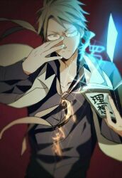 Rule 34 | 1boy, black shirt, blonde hair, book, bungou stray dogs, glasses, jacket, kunikida doppo (bungou stray dogs), long hair, male focus, one eye closed, red background, shirt, simple background, solo, white jacket