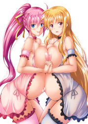 Rule 34 | 2girls, bad id, bad pixiv id, belly-to-belly, blonde hair, blue eyes, blue panties, blush, breast press, breasts, breasts out, fate testarossa, hair ornament, hair ribbon, holding hands, large breasts, lingerie, long hair, looking at viewer, lyrical nanoha, mahou shoujo lyrical nanoha strikers, multiple girls, navel, nipples, no bra, open mouth, panties, pink panties, ponytail, pregnant, purple eyes, purple hair, ribbon, side-tie panties, signum, simple background, smile, symmetrical docking, underwear, utanone shion, white background, yuri