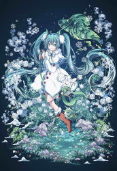 Rule 34 | absurdly long hair, absurdres, azure-aoi-, beamed eighth notes, blue eyes, brown footwear, rabbit, dress, eighth note, flower, full body, fur trim, g clef, hatsune miku, highres, holding, holding leaf, leaf, long hair, looking at viewer, midair, musical note, rock, smile, snowbell (flower), snowflakes, very long hair, vocaloid, white dress, yuki miku, yukine (vocaloid)