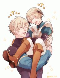 Rule 34 | 1boy, 1girl, bad id, bad twitter id, blonde hair, blush stickers, boots, brother and sister, carrying, closed eyes, fate/grand order, fate (series), gameplay mechanics, gareth (fate), gawain (fate), gloves, hair flaps, holy grail (fate), laughing, short hair, siblings, source request, star (symbol), twitter username