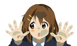 Rule 34 | 1girl, absurdres, against glass, artist request, blazer, blue ribbon, blush, brown eyes, brown hair, cheek squash, collared shirt, fourth wall, hair between eyes, hair ornament, hairclip, highres, hirasawa yui, jacket, k-on!, long sleeves, looking to the side, nose, official art, open mouth, ribbon, school uniform, shirt, short hair, simple background, solo, source request, vector trace, wallpaper, white background