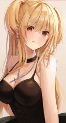Rule 34 | 1girl, absurdres, amane misa, bare shoulders, black choker, black dress, blonde hair, blush, breasts, choker, cleavage, collarbone, cross, cross earrings, cross necklace, death note, dress, earrings, highres, jewelry, large breasts, long hair, looking at viewer, myowa, necklace, parted lips, red eyes, sleeveless, sleeveless dress, smile, solo, two side up, upper body, very long hair