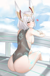 Rule 34 | 1girl, absurdres, animal ears, ass, blush, breast press, breasts, cat ears, dizuit plus, from behind, hair ornament, highres, leotard, medium breasts, nia (blade) (xenoblade), nia (xenoblade), short hair, sitting, sky, smile, solo, white hair, xenoblade chronicles (series), xenoblade chronicles 2, xenoblade chronicles 3, yellow eyes