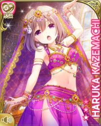 Rule 34 | 1girl, :o, arabian clothes, bare arms, bare legs, belly dancer, brown hair, rabbit hair ornament, character name, day, girlfriend (kari), hair ornament, hairclip, indoors, kazemachi haruka, looking at viewer, midriff, official art, open mouth, pink eyes, qp:flapper, red headwear, short hair, solo, tagme, veil
