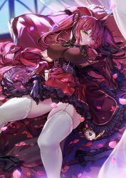 Rule 34 | 1girl, black gloves, black leotard, black ribbon, breasts, dress, frilled dress, frills, garter straps, gloves, gold necklace, hair ribbon, heart, heart necklace, heterochromia, highres, hololive, houshou marine, houshou marine (gothic lolita), jewelry, large breasts, leotard, long hair, looking at viewer, lying, nazo kitsune, necklace, on back, pocket watch, red dress, red eyes, red hair, ribbon, solo, thighhighs, virtual youtuber, watch, white garter straps, white thighhighs, yellow eyes