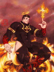 Rule 34 | 1boy, bara, black bodysuit, black hair, bodysuit, bulge, cheekbones, clothing cutout, covered abs, cross, feet out of frame, fire, flaming halo, halo, housuke67, index finger raised, large pectorals, looking ahead, male focus, mature male, muscular, muscular male, pectorals, pyrokinesis, short hair, solo, strongman waist, thick eyebrows, thick thighs, thigh cutout, thighs, tokyo houkago summoners, tsurime, yellow eyes, zabaniyya (housamo)