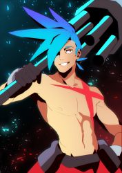Rule 34 | azuumori, black gloves, blue hair, commentary, english commentary, galo thymos, gloves, hair over one eye, hand up, holding, kamina (ttgl), looking at viewer, navel, nipples, one eye covered, promare, red eyes, sanpaku, smile, spiked hair, tengen toppa gurren lagann, topless male