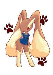 Rule 34 | 1girl, absurdres, animal ears, animal nose, black sclera, blue shirt, blush, body fur, bottomless, brown fur, colored sclera, creatures (company), female focus, full body, furry, furry female, game freak, gen 4 pokemon, highres, legs apart, looking at viewer, lopunny, nintendo, outline, paw print, poke ball print, poke ball theme, pokemon, pokemon (creature), rabbit ears, rabbit girl, red eyes, shirt, short sleeves, simple background, smile, solo, standing, two-tone fur, uno usaya, white background, yellow fur