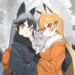Rule 34 | 2girls, ababababa, adapted costume, animal ears, back bow, black bow, black fur, black gloves, black hair, black kimono, blush, bow, commentary request, extra ears, ezo red fox (kemono friends), fox ears, fox girl, fox tail, fur collar, gloves, highres, japanese clothes, kemono friends, kimono, long hair, mouse (animal), multicolored hair, multiple girls, new year, orange bow, orange eyes, orange hair, orange kimono, silver fox (kemono friends), silver hair, tail, translated, white fur