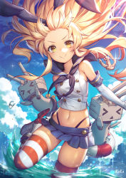 Rule 34 | &gt; &lt;, 10s, 1girl, :3, absurdres, anchor hair ornament, artist name, black panties, blonde hair, blue skirt, blue sky, breasts, buttons, closed mouth, cloud, cloudy sky, crop top, day, elbow gloves, floating hair, forehead, glint, gloves, hair ornament, hair ribbon, highleg, highleg panties, highres, kakiman, kantai collection, lifebuoy, long hair, looking at viewer, microskirt, midriff, navel, outdoors, panties, rensouhou-chan, ribbon, sailor collar, shimakaze (kancolle), signature, skindentation, skirt, sky, small breasts, smile, solo, sparkle, striped clothes, striped thighhighs, swim ring, thighhighs, underwear, very long hair, wading, water, white gloves, x3, yellow eyes