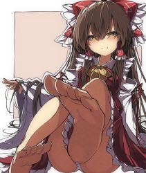 Rule 34 | 1girl, ascot, ass, barefoot, blush, bow, brown eyes, brown hair, closed mouth, commentary request, detached sleeves, foreshortening, frilled bow, frilled hair tubes, frilled skirt, frills, hair between eyes, hair bow, hair tubes, hakurei reimu, highres, long hair, long sleeves, looking at viewer, nontraditional miko, panties, red bow, red skirt, red vest, sidelocks, skirt, smile, solo, tangusuten, touhou, underwear, very long hair, vest, white panties, wide sleeves, yellow ascot