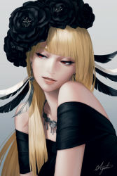 Rule 34 | 1girl, bare shoulders, blonde hair, blunt bangs, feathers, flower, hair flower, hair ornament, head tilt, jewelry, lips, long hair, necklace, original, parted lips, red eyes, solo, suda ayaka