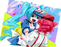 Rule 34 | 2girls, black eyes, black mouth, blue dress, blue hat, bow, confetti, dress, eye contact, hair bow, hands on another&#039;s shoulders, hands up, hat, hatsune miku, kasane teto, looking at another, mesmerizer (vocaloid), multiple girls, nejikyuu, open mouth, pants, pink pants, pinstripe dress, pinstripe pattern, puffy short sleeves, puffy sleeves, sharp teeth, shirt, short sleeves, smile, striped bow, striped clothes, striped shirt, suspenders, teeth, tongue, tongue out, upper body, utau, visor cap, vocaloid