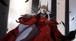 Rule 34 | 1girl, axe, aymr (fire emblem), banished shadow, blonde hair, cape, edelgard von hresvelg, expressionless, fake horns, fire emblem, fire emblem: three houses, headpiece, highres, holding, holding axe, horns, nintendo, purple eyes, reaching, reaching towards viewer, red cape, solo