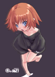 Rule 34 | 00s, 1girl, bare shoulders, barefoot, black background, black theme, blue eyes, brown hair, dress, from above, full body, kaleido star, kei jiei, looking at viewer, rosetta passel, short hair, simple background, solo