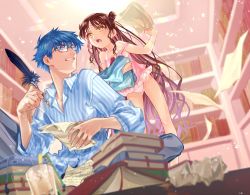 Rule 34 | 1boy, 1girl, blue eyes, blue hair, book, bookshelf, brown hair, collared shirt, commentary request, eyelashes, facial mark, fate/grand order, fate (series), fingernails, forehead mark, glasses, hand up, hans christian andersen (adult) (fate), hans christian andersen (fate), haruhikohiko, holding, holding quill, indoors, looking to the side, open mouth, paper, quill, sessyoin kiara, sessyoin kiara (lily), sessyoin kiara (swimsuit mooncancer), shirt, striped clothes, striped shirt, sweat, teeth, tongue, vertical-striped clothes, vertical-striped shirt, yellow eyes